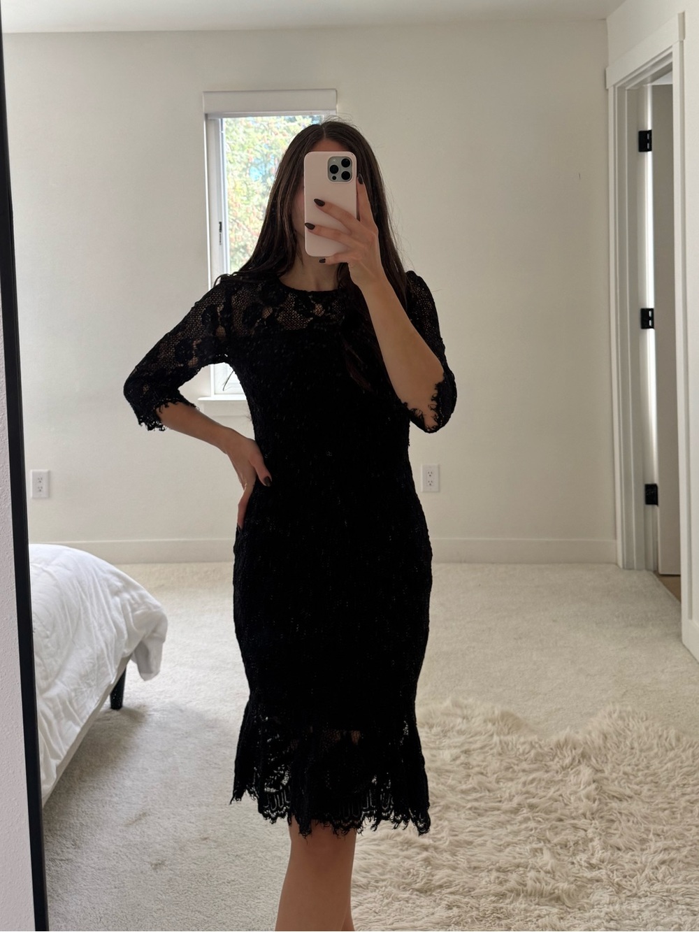 Lulu's Black Lace Midi Dress with Scalloped Hem